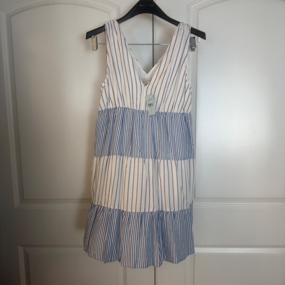 Loft Striped Tiered V-Neck Mini Dress Blue White Sleeveless Petite Medium NWT